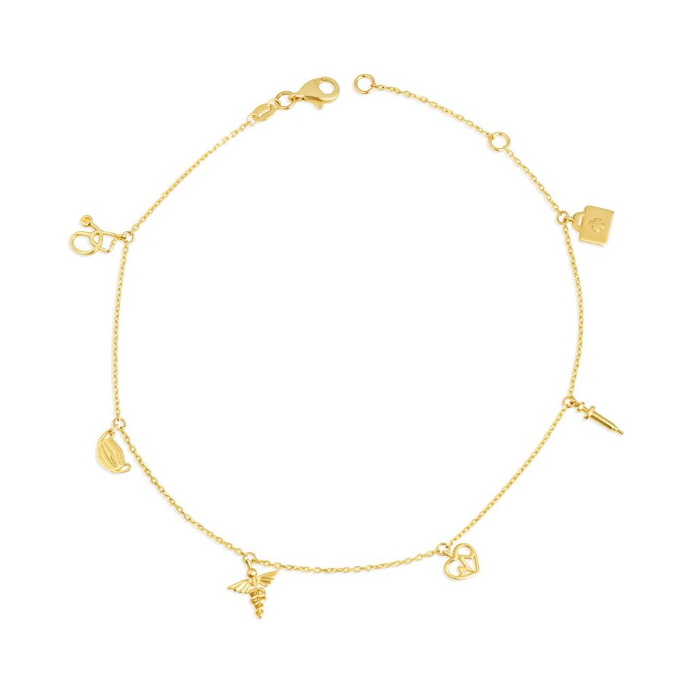 14K Solid Yellow Gold Medical Charm Ankle Bracelet Anklet Adjustable